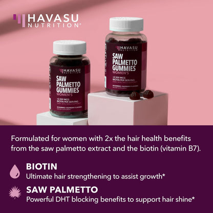 Saw Palmetto Gummies for Women, Raspberry, 60ct, 2500mcg Biotin | DHT Blocker & Hair, Skin, Nail Health Gummies, Supports Stronger-Looking Hair, Raspberry Flavor, 1 Month Supply