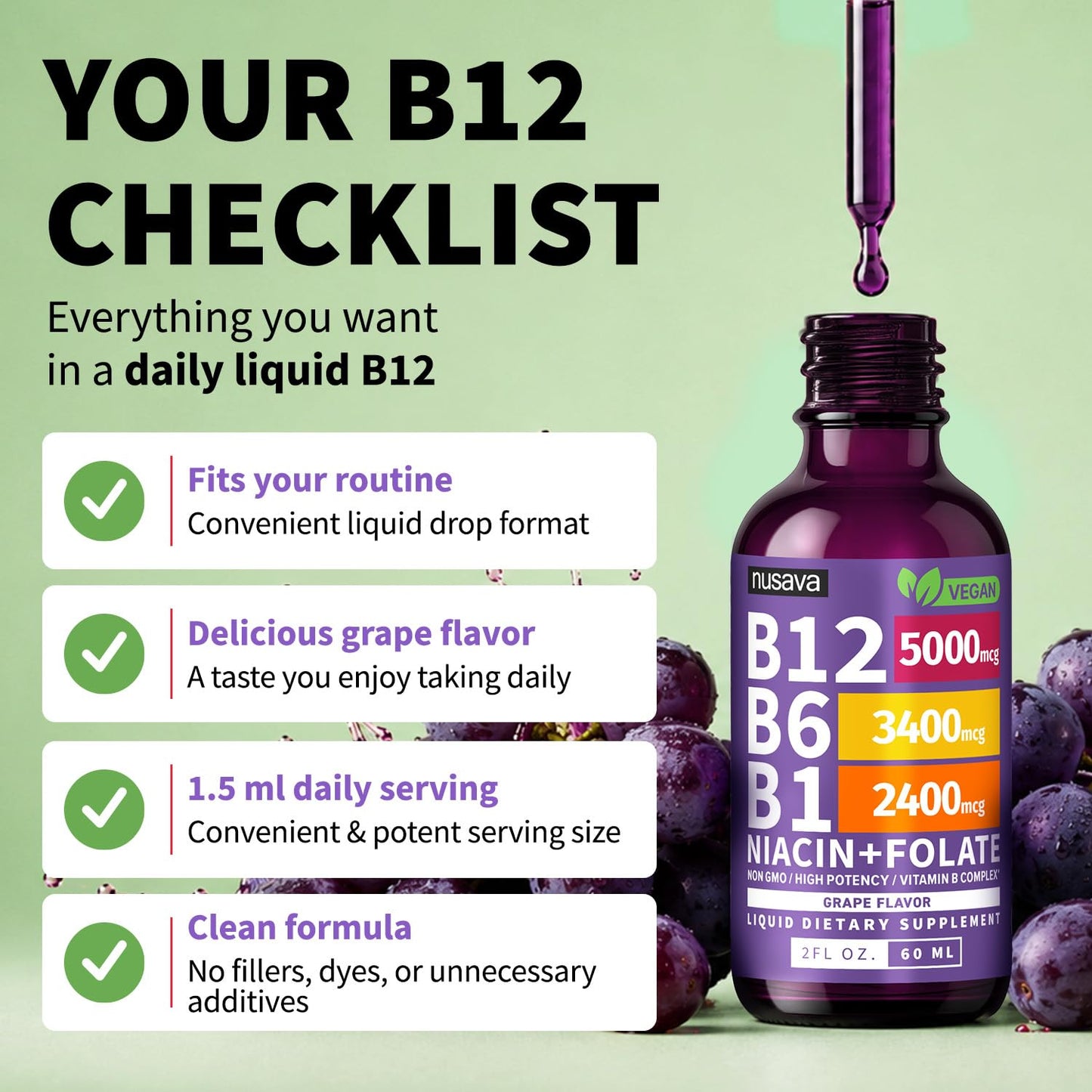 NUSAVA (2 Pack) Vitamin B12 Liquid Drops with B6, B1, Niacin & Folate — B12 Sublingual Vitamin B Complex, Methylcobalamin 5000 mcg, for Energy, Brain & Heart Support, Raspberry Flavor, 80 Servings