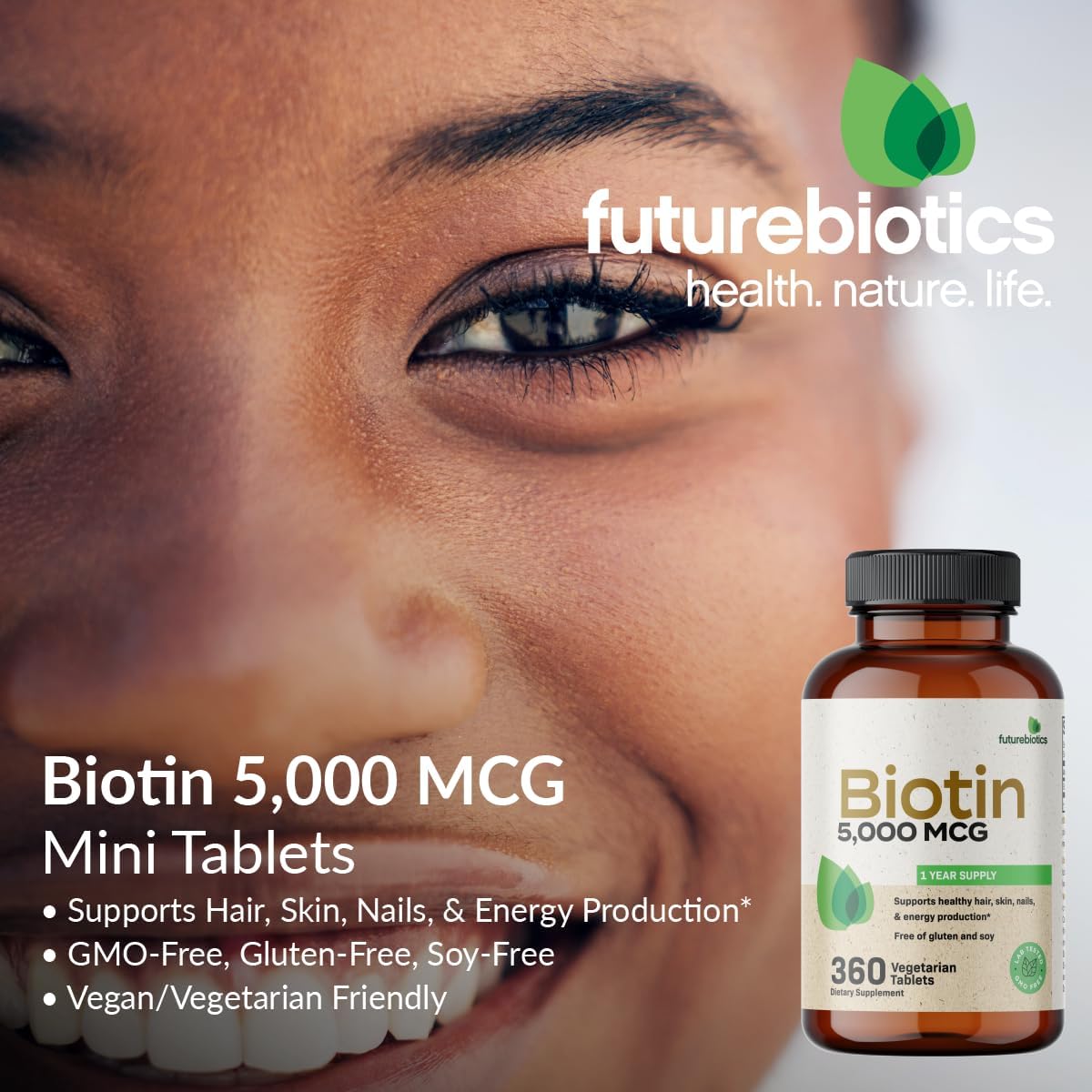 Futurebiotics Biotin 5000 MCG Supports Healthy Hair, Skin, Nails & Energy Production Non-GMO, 360 Vegetarian Tablets