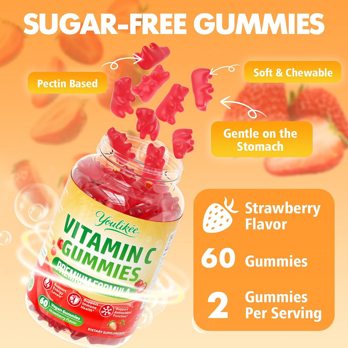 Vitamin C Gummies for Adults, Immune Support Supplement for Energy, 60 Ct | Antioxidant Protection, Non-GMO, Vegan, Sugar-Free, Strawberry Flavor