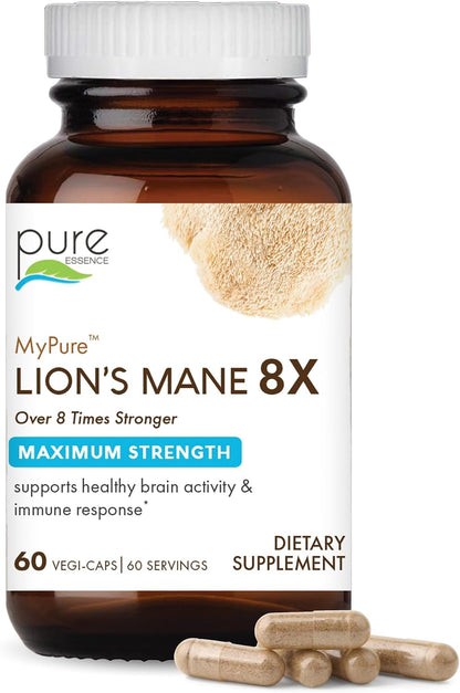PURE ESSENCE LABS MyPure Lion's Mane 8X - Max Strength Brain Support with 100% Fruiting Body Organic Lion's Mane for Ultimate Cognitive Performance, Focus, and Mental Clarity, 60 Capsules