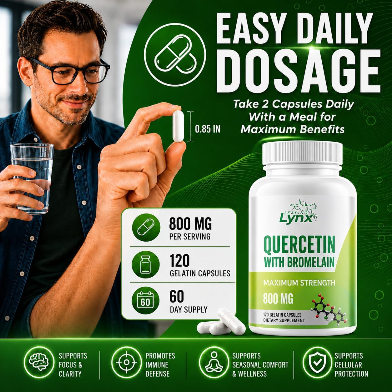 Leaping Lynx Quercetin with Bromelain – 800mg Quercetin + 165mg Bromelain | 120 Capsules (60-Day Supply) | Immune, Respiratory, and Seasonal Allergy Support | Antioxidant & Recovery Complex | Non-GMO