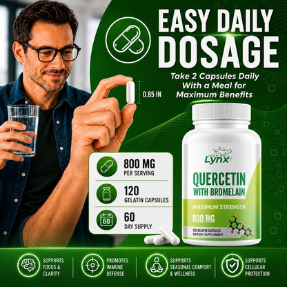 Leaping Lynx Quercetin with Bromelain – 800mg Quercetin + 165mg Bromelain | 120 Capsules (60-Day Supply) | Immune, Respiratory, and Seasonal Allergy Support | Antioxidant & Recovery Complex | Non-GMO