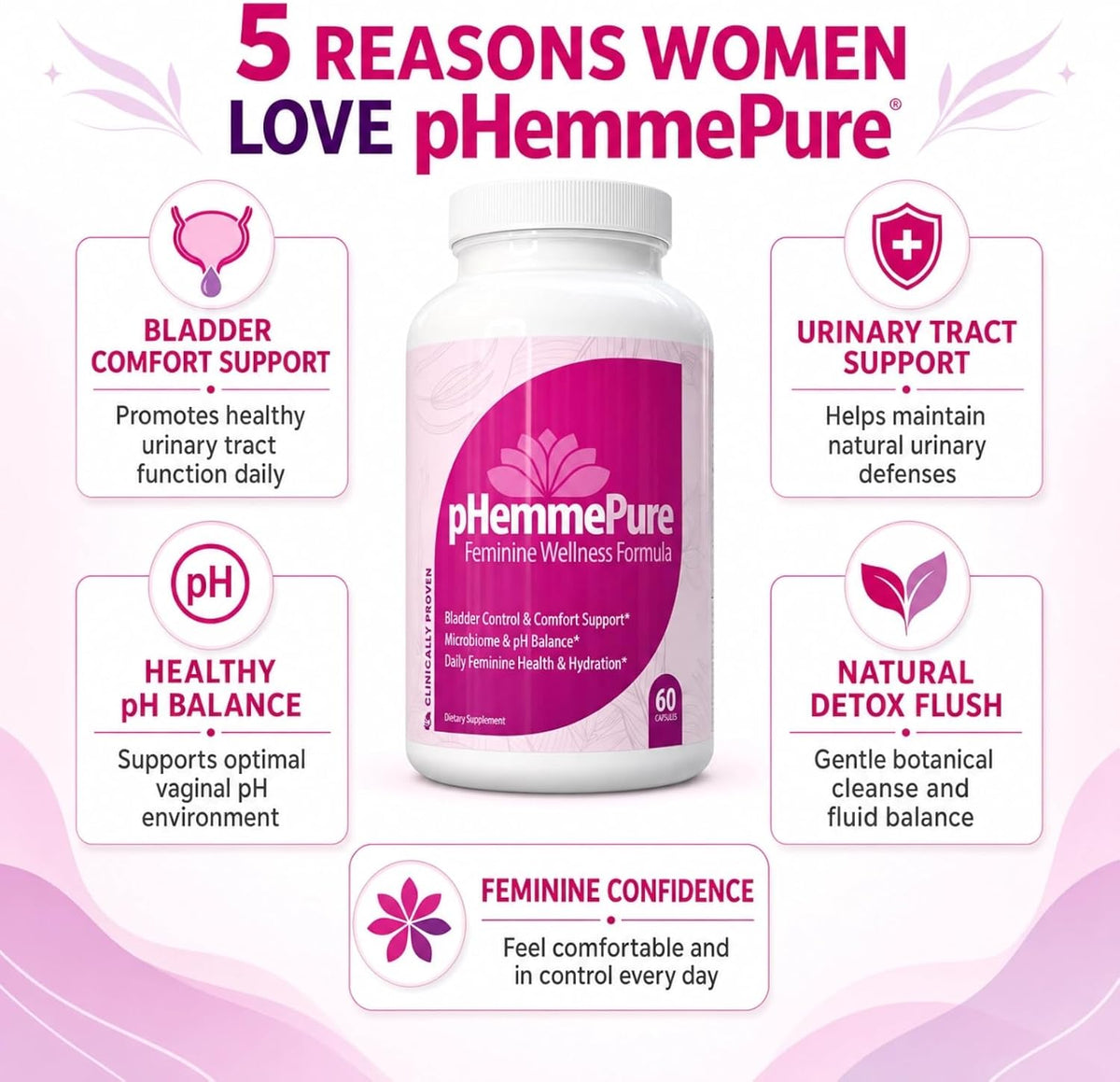 pHemmePure Advanced Feminine Balance Formula with D-Mannose Cranberry Extract Hibiscus & Dandelion - Daily Urinary Tract Support for Women - Promotes Healthy Vaginal pH & Bladder Comfort - 60 Capsules
