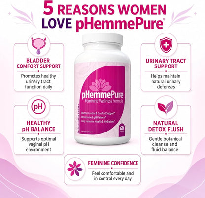 pHemmePure Advanced Feminine Balance Formula with D-Mannose Cranberry Extract Hibiscus & Dandelion - Daily Urinary Tract Support for Women - Promotes Healthy Vaginal pH & Bladder Comfort - 60 Capsules