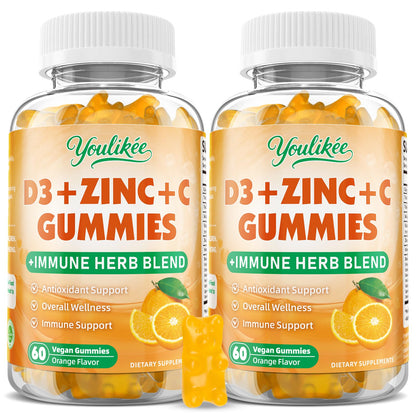 Vitamin C + D3 5000IU + Zinc Gummies for Adults, Orange Flavor, 60 Count | Immune Support supplement with Elderberry, Echinacea & Mullein Leaf - Antioxidant Support, Sugar Free
