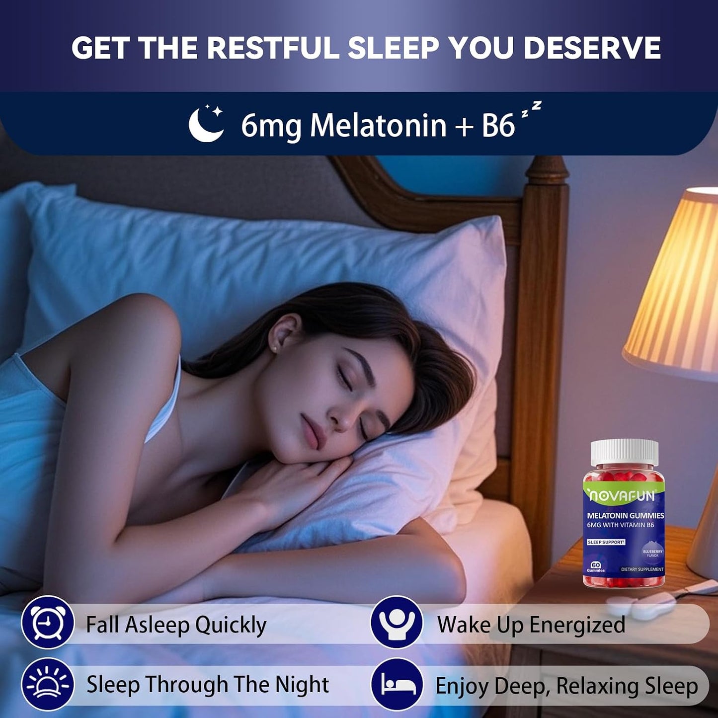 Melatonin Gummies 6mg, with Vitamin B6, Blueberry Flavor Chewable for Adult, Vegetarian & Gluten-Free, 60 Count