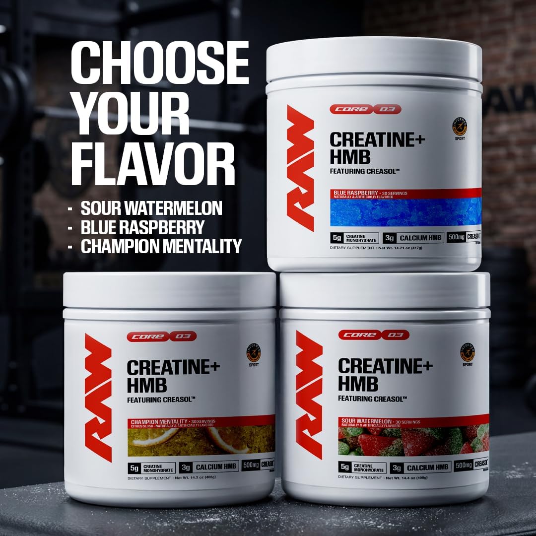 RAW Creatine Plus HMB, Champion Mentality, Creatine HMB Powder - Creatine Monohydrate Powder with 3G HMB, Taurine & No Added Sugar, Muscle Mass Growth, Strength Building & Enhanced Energy, 30 Servings