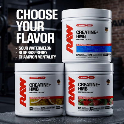 RAW Creatine Plus HMB, Champion Mentality, Creatine HMB Powder - Creatine Monohydrate Powder with 3G HMB, Taurine & No Added Sugar, Muscle Mass Growth, Strength Building & Enhanced Energy, 30 Servings