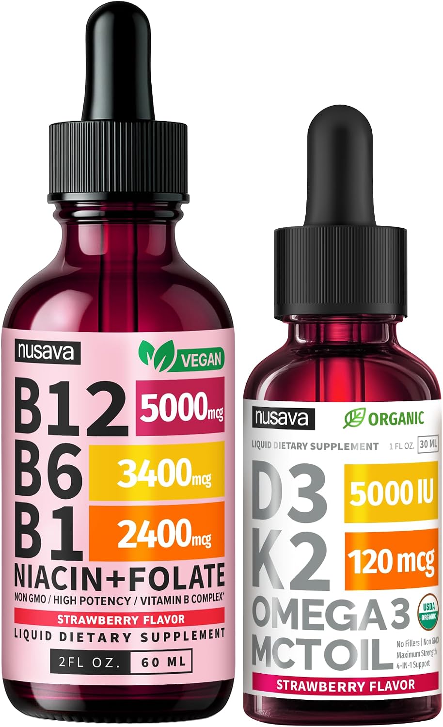 (2-Pack) Vitamin B12 and B6 Methylcobalamin Liquid Drops (Strawberry) with (2-Pack) Vitamin D3 K2 Drops Bundle, B12 5000 mcg Sublingual, D3 5000 IU with MCT Oil and Omega 3 (Strawberry) 2 Fl Oz