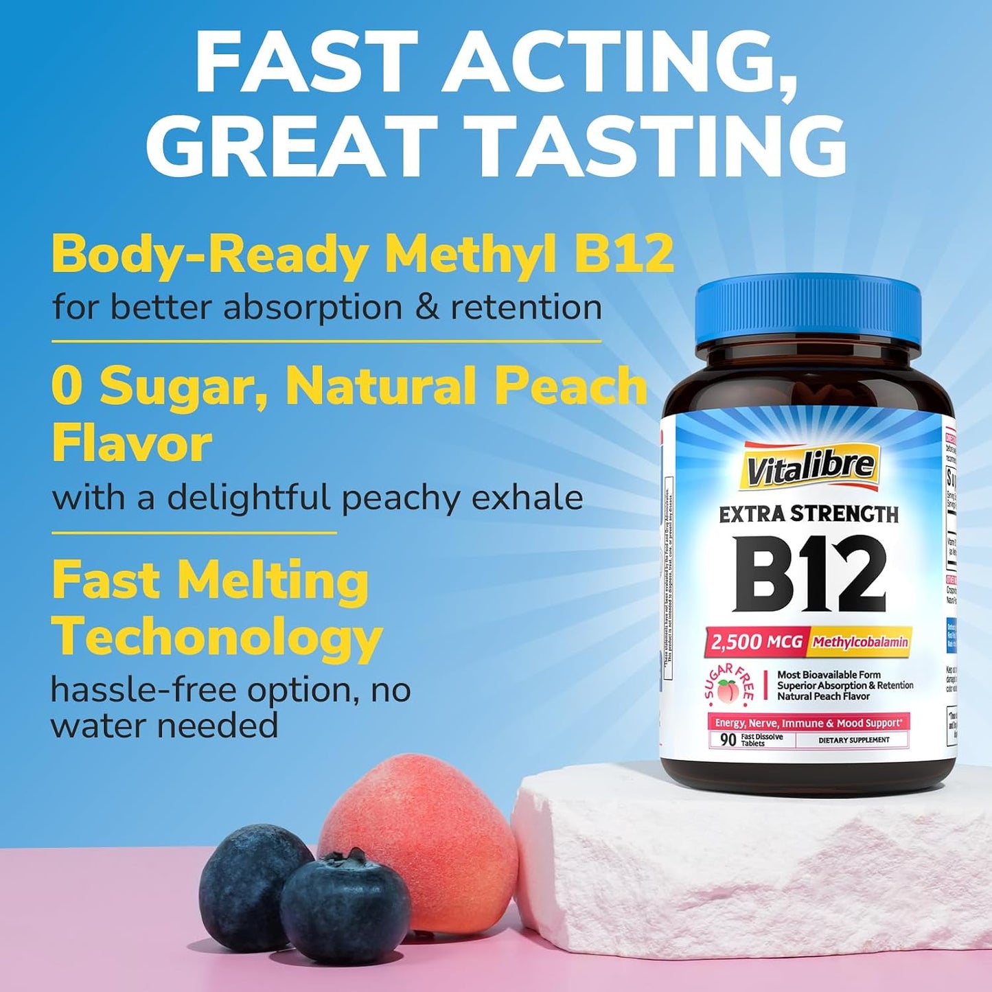 Vitalibre Vitamin B12 2500 mcg, Extra Strength Sublingual Methylcobalamin, Natural Peach Flavor, Nervous System, Energy Support, No Sugar, 90 Fast Dissolve Tablets