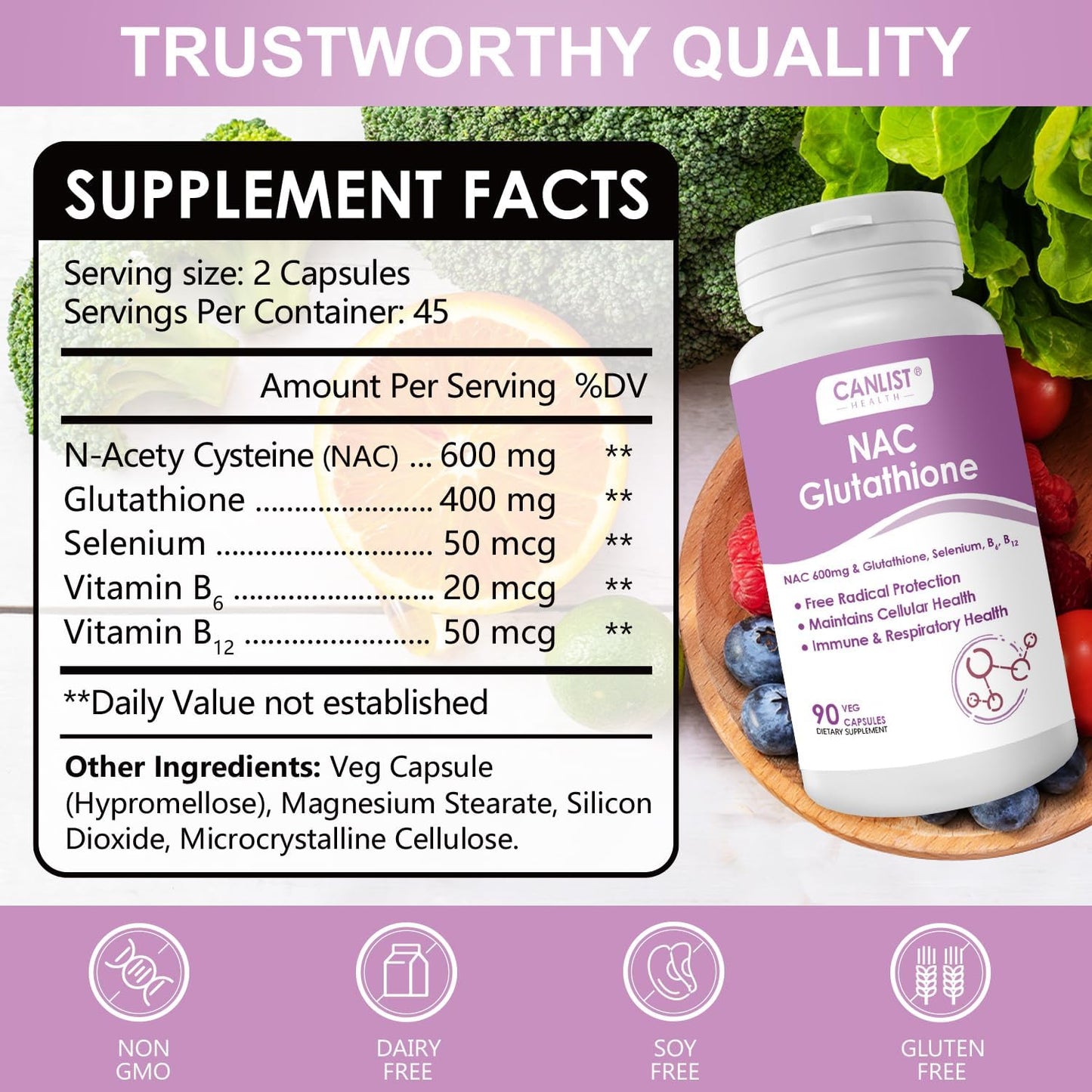 CANLIST NAC Supplement (N-Acetyl Cysteine) 600mg with Glutathione 400mg, Enhanced Absorption for Liver Health, Antioxidant Support & Detox, Non-GMO, Gluten Free, 90 Veggie Capsules