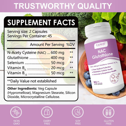 CANLIST NAC Supplement (N-Acetyl Cysteine) 600mg with Glutathione 400mg, Enhanced Absorption for Liver Health, Antioxidant Support & Detox, Non-GMO, Gluten Free, 90 Veggie Capsules