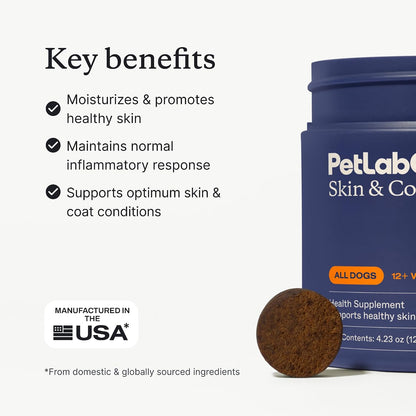 PetLab Co. Skin & Coat Chews for Dogs, 30 Soft Chews, Pork | Omega 3-6, apple cider vinegar and vitamin E to support skin moisture and a shiny, healthy coat
