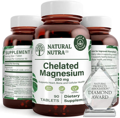 Natural Nutra Chelated Magnesium Oxide 250mg- High Absorption for Strong Bones, Heart Health, Improves Dental Health, Energy Boost, Gluten-Free, Non-GMO, 90Tablets in BPA-Free Recyclable Glass Bottles