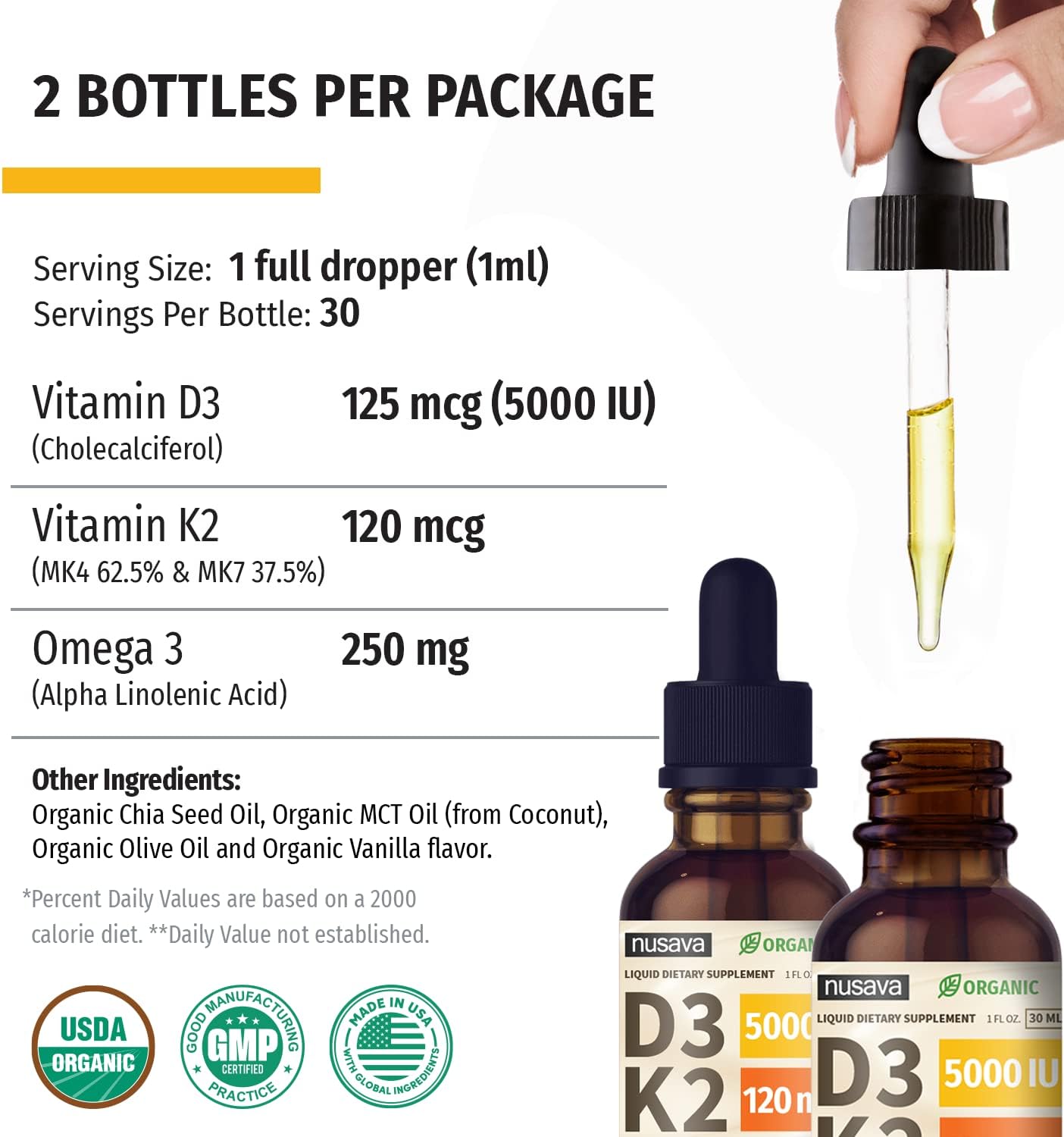 NUSAVA Vitamin B12 Liquid Drops, Strawberry Flavored D3 K2 & Vanilla Flavored D3 K2 Bundle — Daily Wellness Liquid Vitamins for Energy & Immune Support — Non-GMO, Gluten-Free, 2pk Each