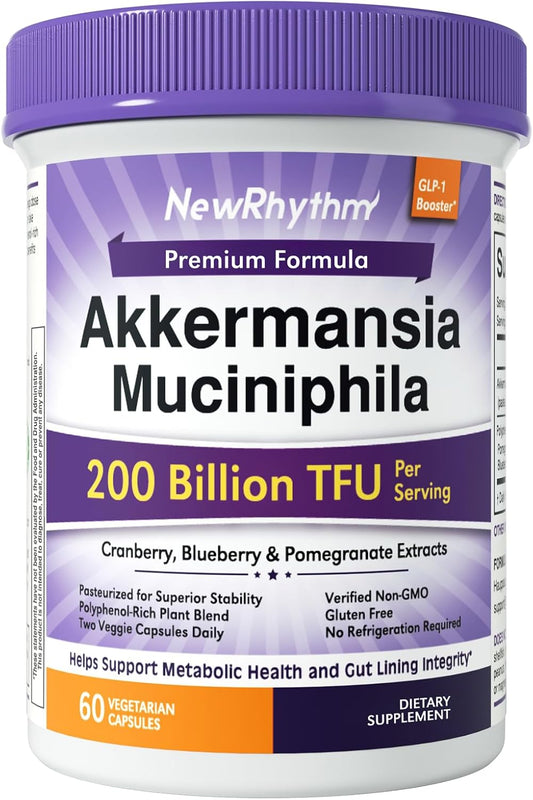 NewRhythm Akkermansia Muciniphila for Women & Men 200B TFU, Naturally Increase GLP-1 Metabolism Booster Gut Lining Repair, Cranberry Blueberry Pomegranate Extracts, Vegan, 60 Caps