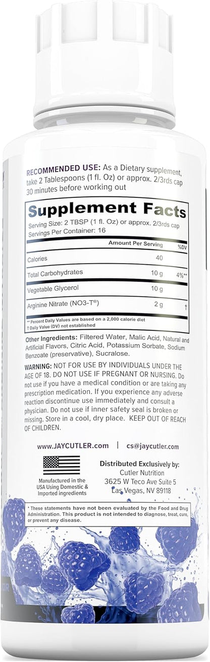Cutler Nutrition Liquid Pump Caffeine-Free Pre-Workout Nitric Oxide Booster | Blue Raspberry, 16 fl oz | Liquid pre-workout with glycerol and arginine nitrates for muscle pumps, hydration and performance