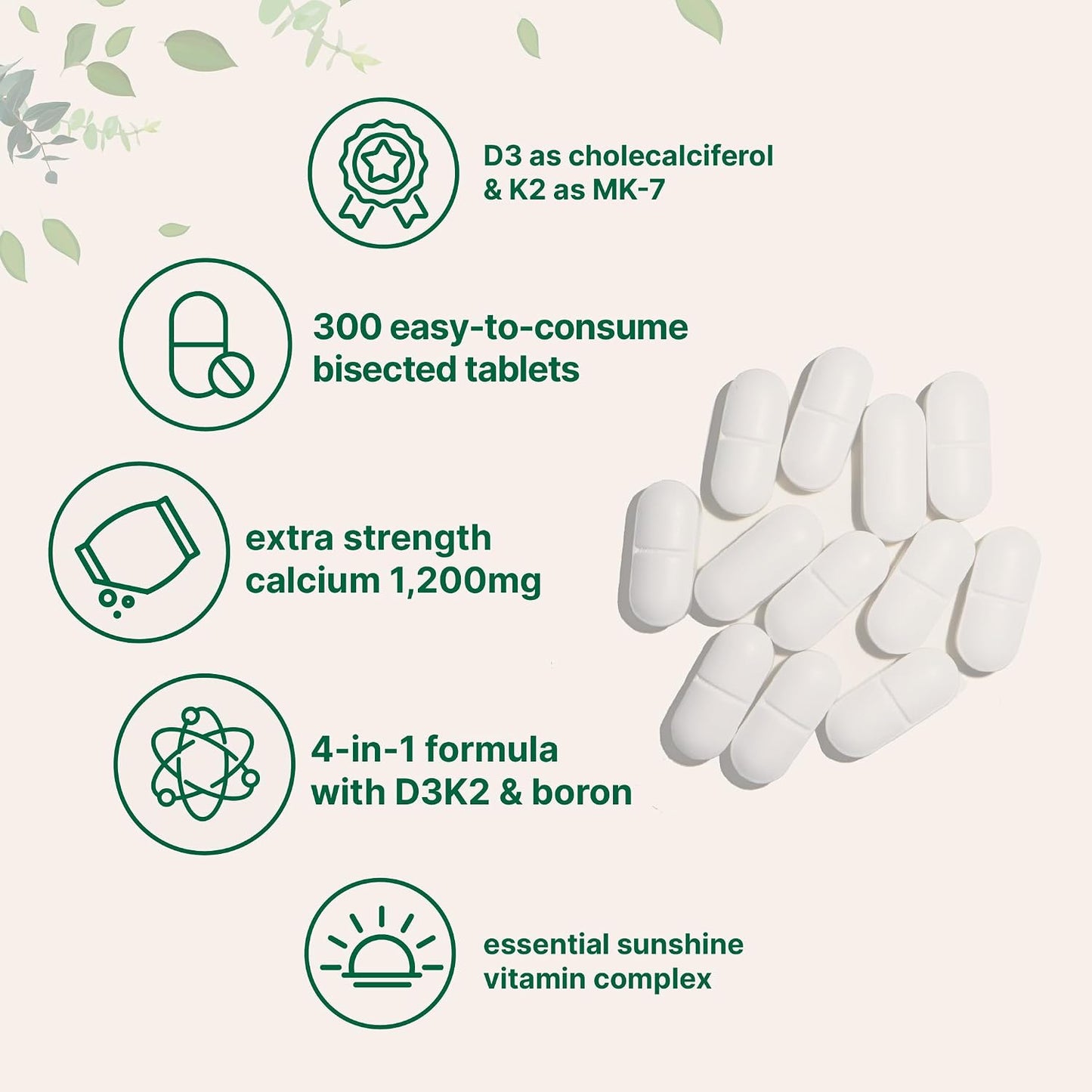 Calcium 1,200mg with Vitamin D3 & K2, 300 Tablets | Calcium Supplements for Women & Men | Mineral Complex Support Bone, Teeth, Colon & Cardiovascular Health | Non-GMO, Gluten-Free