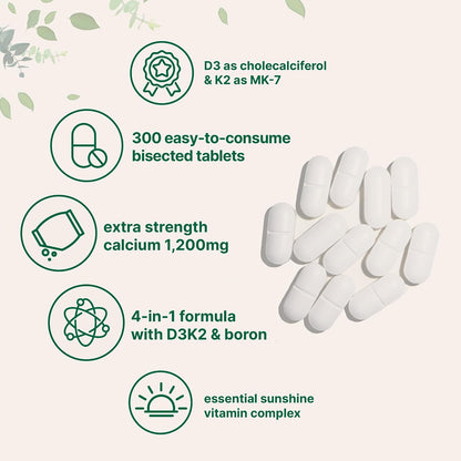Calcium 1,200mg with Vitamin D3 & K2, 300 Tablets | Calcium Supplements for Women & Men | Mineral Complex Support Bone, Teeth, Colon & Cardiovascular Health | Non-GMO, Gluten-Free