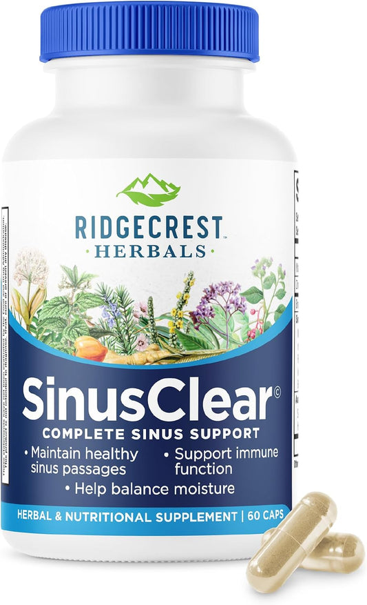 RidgeCrest Herbals SinusClear Mullein Sinus, Nasal and Immune Support 60 Ct | 30 Servings, Mullein Leaf, Bromelain, Vitamin C, Zinc, Natural Mucus and Respiratory Wellness, Vegan Herbal Formula