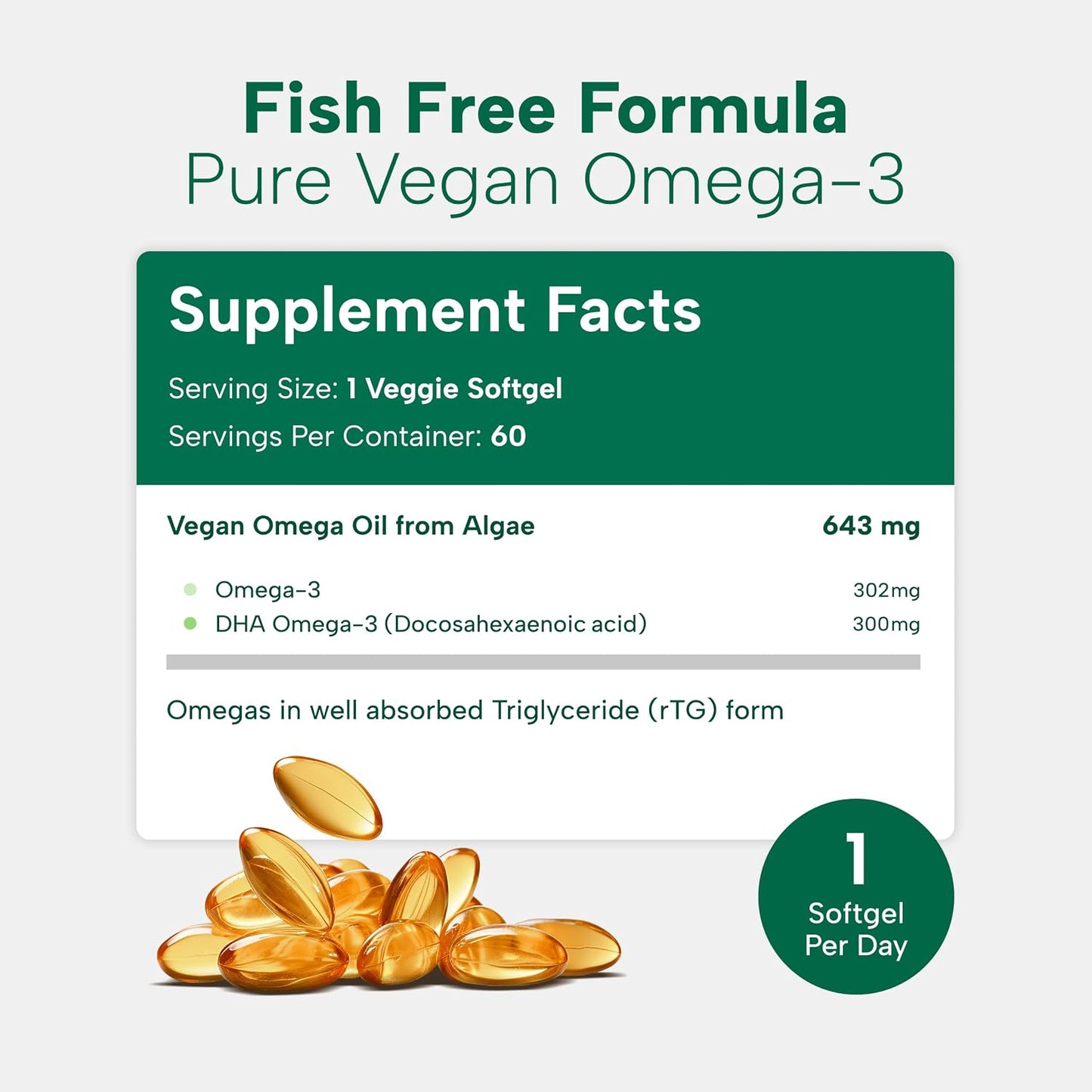 OmegaVia Vegan Omega 3 Supplement, Algae Omega 3 Fish Oil Alternative, 300mg Vegan DHA Fatty Acids, Plant Based, Planet and Ocean Friendly, IAOS 5 Star Tested, 60 Softgels