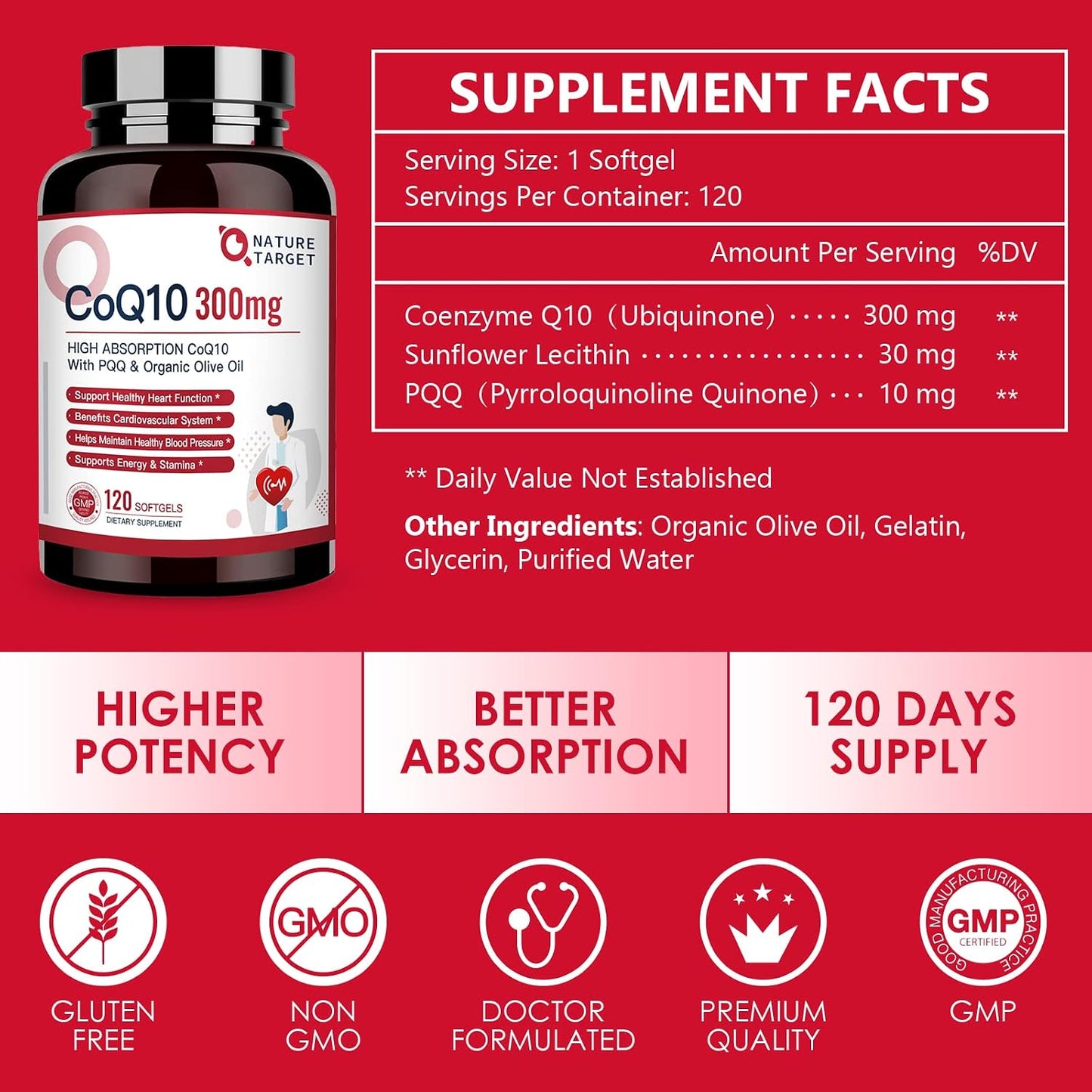 NATURE TARGET CoQ10-300mg-Softgels + PQQ with Organic-Olive-Oil - High Absorption-Coenzyme-Q10 - Antioxidant-for-Heart-Health and Immune Support, Energy Production, 120 Servings | High Absorption Coenzyme Q10 with BioPerine, Antioxidant for Heart, Brain,