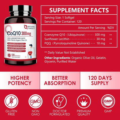 NATURE TARGET CoQ10-300mg-Softgels + PQQ with Organic-Olive-Oil - High Absorption-Coenzyme-Q10 - Antioxidant-for-Heart-Health and Immune Support, Energy Production, 120 Servings | High Absorption Coenzyme Q10 with BioPerine, Antioxidant for Heart, Brain,