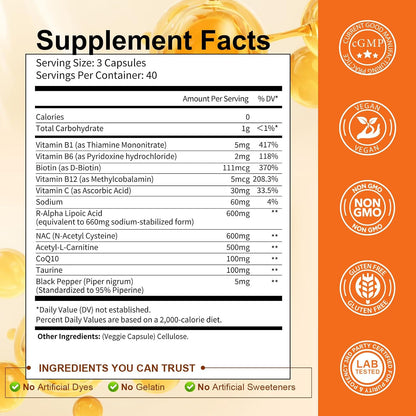 Totaria R Alpha Lipoic Acid 600mg - Stabilized ALA Supplement for Neuropathy Support Capsules, Nerve Health, Nervous System and Antioxidant, Non-GMO, Gluten Free, Vegan Safe 120 Counts