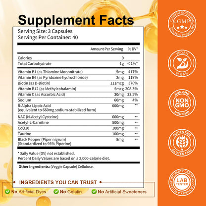 Totaria R Alpha Lipoic Acid 600mg - Stabilized ALA Supplement for Neuropathy Support Capsules, Nerve Health, Nervous System and Antioxidant, Non-GMO, Gluten Free, Vegan Safe 120 Counts