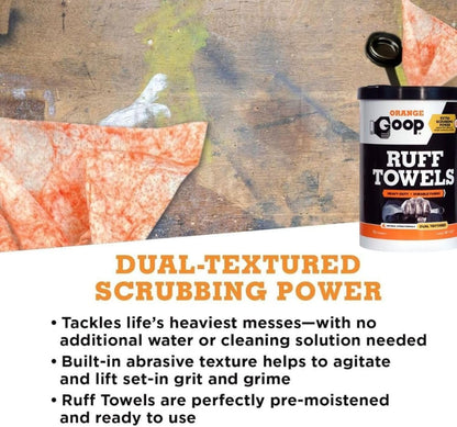 GOOP Orange Heavy Duty Ruff Towels with Scrubbing Power, 10” x 12” Dual Textured Multi-Purpose Cleaning Wipes, Removes Dirt, Grease, Oil, 72 Count