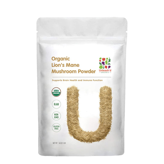 UNLEASH'D ORGANIC Organic Lion's Mane Mushroom Powder 16 oz – 100% Pure Natural Superfood, Rich in Antioxidants & Polysaccharides