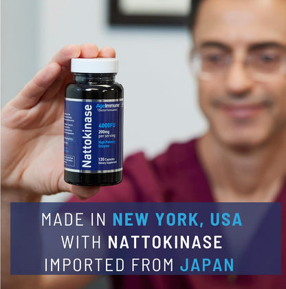 AgeImmune Nattokinase Supplement 4000 FU 200mg - Enzyme - Cardiovascular Support 120 Capsules -Derived from Japanese Natto - Made in The USA Without Magnesium Stearate.