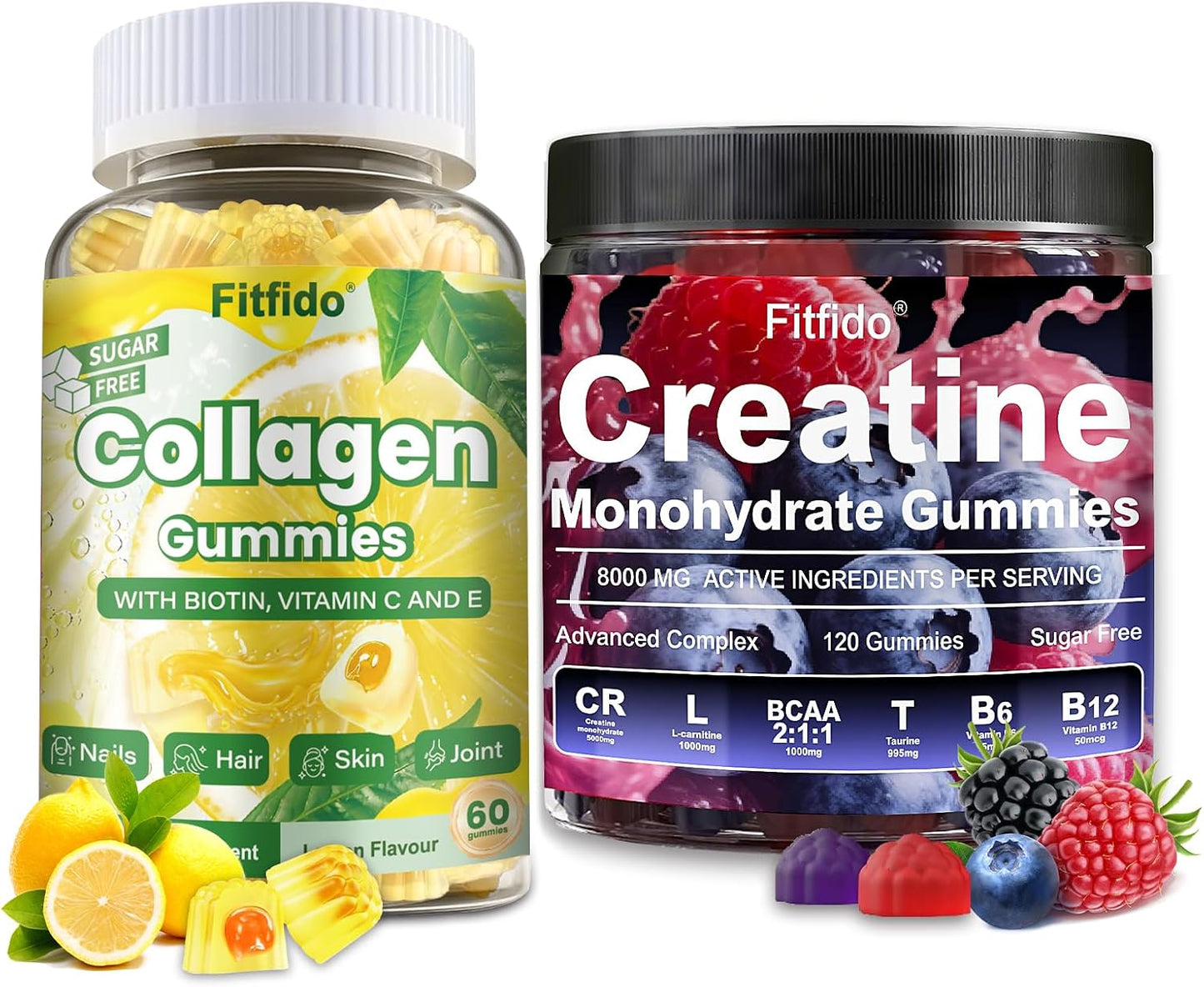 Creatine Monohydrate Gummies 8000mg + Collagen Gummies – Support for Thick Hair, Strong Nails & Healthy Skin – Vegan, Sugar Free, 2-Pack Supplement Bundle