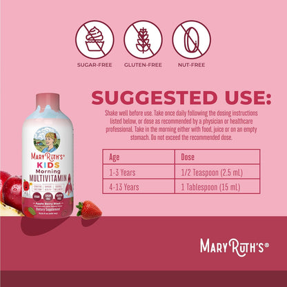 MARYRUTH'S Liquid Morning Multivitamin for Kids | Kids Multivitamin | Immune Support Supplement | Vitamin C | Vitamin D | Essential Nutrients | Vegan | 30-180 Servings | 15.22 fl oz