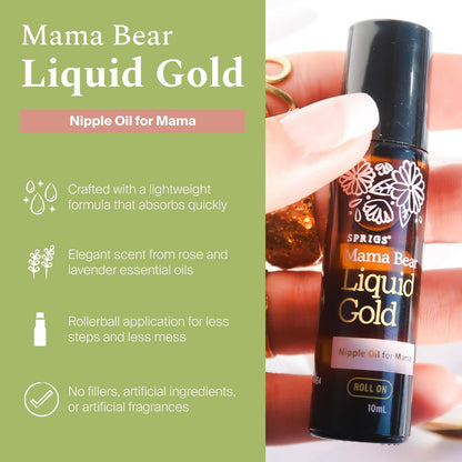 SPRIGS Liquid Gold Nipple Oil, 10ml | Breastfeeding Essentials for Moms | Soothing Organic Calendula, Rose & Lavender Essential Oils Care for Sore Nipples | Mess-Free Roller | Fully Dry Before Nursing