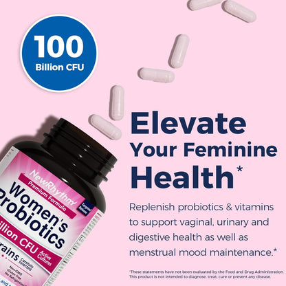 NewRhythm Probiotics for Women, P-5-P, Vitamin C & Organic Cranberry, 100 Billion CFU 18 Strains, Prebiotics & Vaginal Probiotics for Digestive Health & PH Balance, 60 Capsules, No Dairy