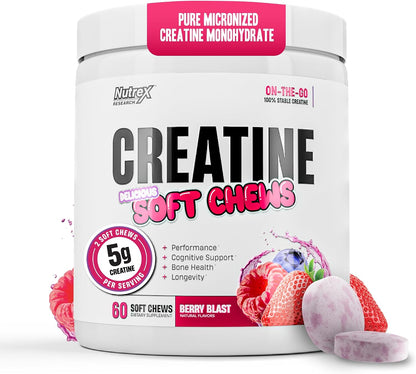 Nutrex Research Essentials Creatine Soft Chews, 5g Creatine per Serving, NUTRASOFT Technology, Berry Blast, Gluten Free, 60 Count (30 Servings)