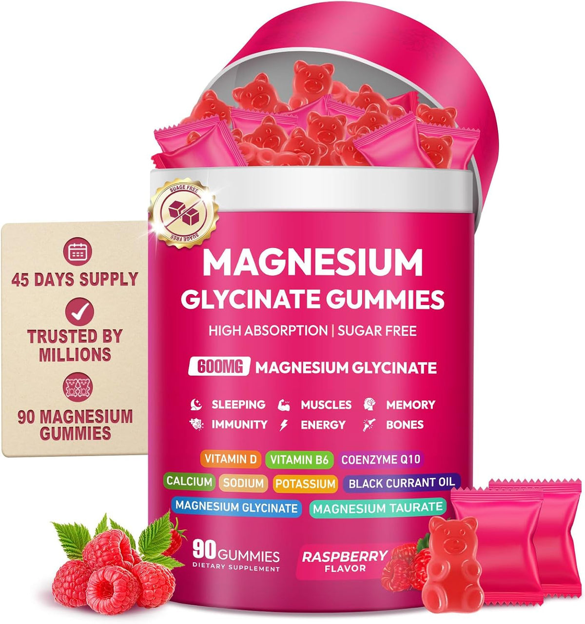 Magnesium Glycinate Gummies 600mg, High Absorption Magnesium Complex, Sugar Free Chewables Gummies with VitaminD & B6, CQ10 for Adults & Kids, Relaxation, Muscle & Zzz Support