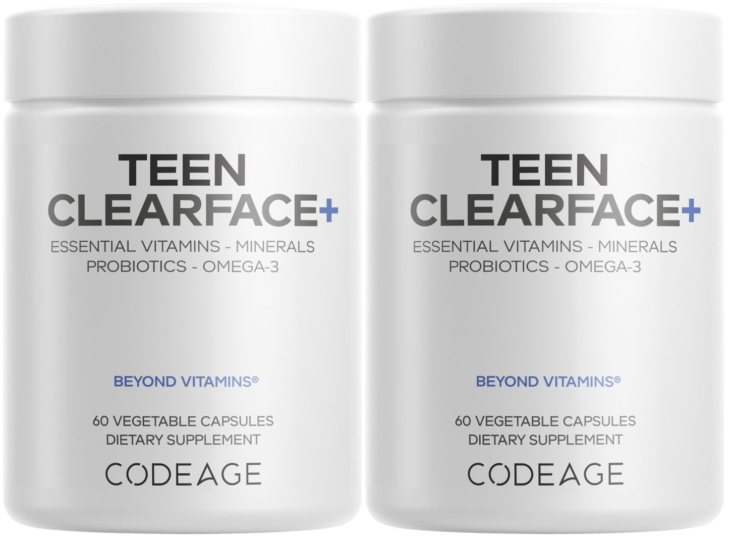 Codeage Teen Clearface Adolescent Face, Skin & Pimples, Vitamins A, C, D3, E, Pantothenic Acid, Niacin, Zinc Supplement Teenagers, Probiotics, L-Lysine, Omega-3, Oily Skin, Pores, Spots - 60 Capsules