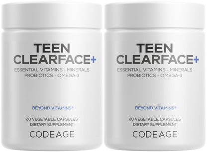 Codeage Teen Clearface Adolescent Face, Skin & Pimples, Vitamins A, C, D3, E, Pantothenic Acid, Niacin, Zinc Supplement Teenagers, Probiotics, L-Lysine, Omega-3, Oily Skin, Pores, Spots - 60 Capsules
