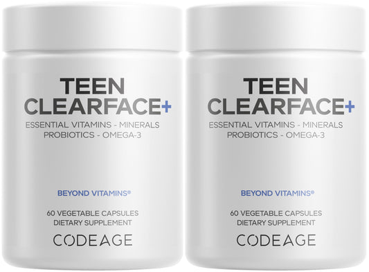Codeage Teen Clearface Adolescent Face, Skin & Pimples, Vitamins A, C, D3, E, Pantothenic Acid, Niacin, Zinc Supplement Teenagers, Probiotics, L-Lysine, Omega-3, Oily Skin, Pores, Spots - 60 Capsules