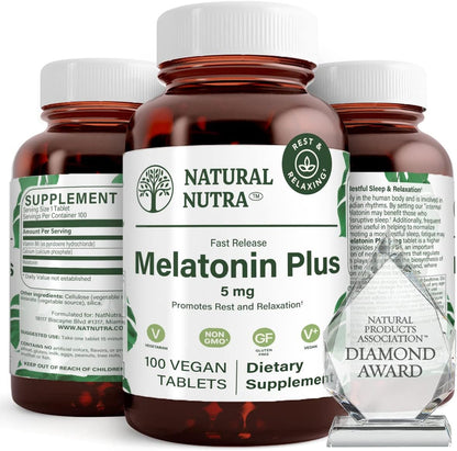 Natural Nutra Vegan Melatonin 5mg with Vitamin B6, 100 Tablets | Fast Dissolve, Melatonin with Calcium for Optimal Sleep, Promoting More Restful Sleep, Gluten-Free, Non-GMO