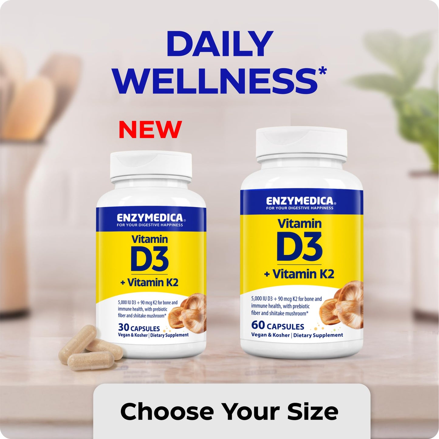 Enzymedica Vitamin D3 and K2 Supplement Caps for Men & Women - VIT D3 5000 IU & VIT K2 MK-7 90 mcg, Immune & Bone Health Support, Features Shitake Mushrooms & Prebiotic Fiber, Vegan - 60 Capsules