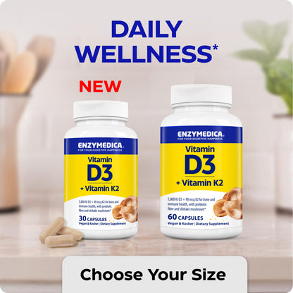 Enzymedica Vitamin D3 and K2 Supplement Caps for Men & Women - VIT D3 5000 IU & VIT K2 MK-7 90 mcg, Immune & Bone Health Support, Features Shitake Mushrooms & Prebiotic Fiber, Vegan - 60 Capsules