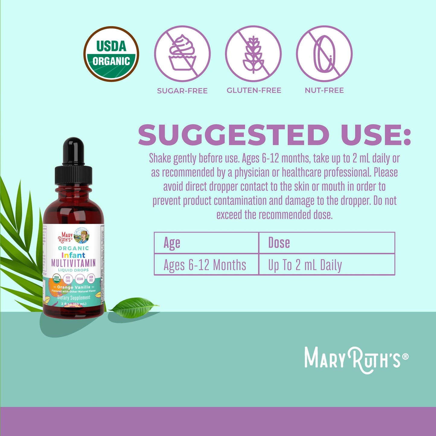 MARYRUTH'S Organics Multivitamin & Multimineral with Iron for Toddlers | USDA Organic | Sugar Free | Multivitamin Liquid Drops for Kids Ages 1-3 | Immune Support | Vegan | Non-GMO | 2 Fl Oz