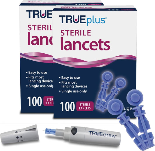TRUEplus Lancets Bundle (30G), 200 Lancets, Lancing Device, Log Book | Blood Glucose Testing Supplies for Home Use, Includes 200 Sterile 30G Lancets (2 x 100ct), Lancing Device, Log Book