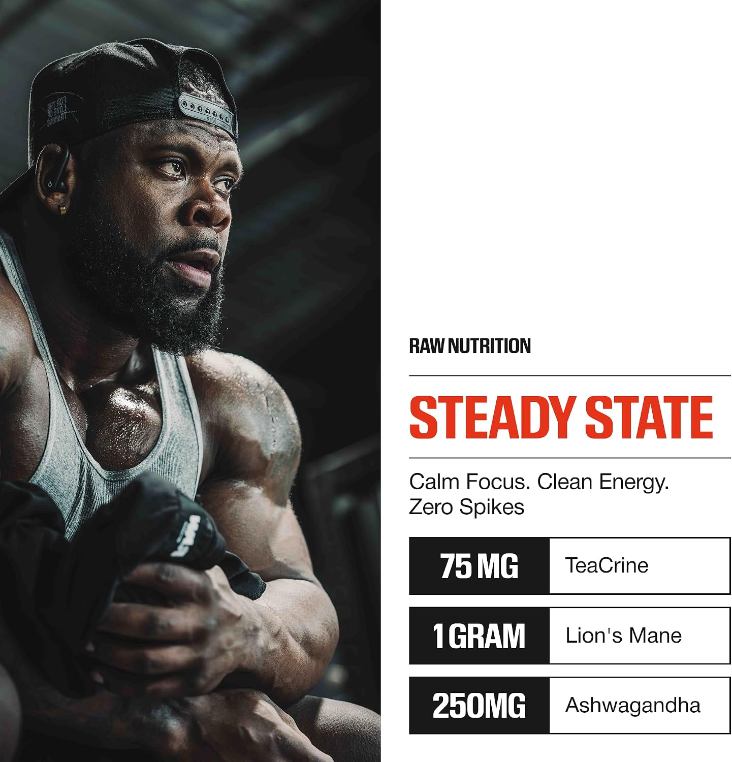 RAW Steady State Low Stim Nootropic Pre Workout Powder for Men & Women - Low Stimulant Neuopathy Supplement for Energy & Focus - No Jitters or Tingles - Natural Extended Release Caffeine - 20 Servings