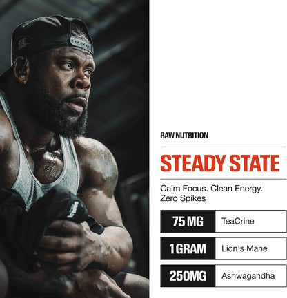 RAW Steady State Low Stim Nootropic Pre Workout Powder for Men & Women - Low Stimulant Neuopathy Supplement for Energy & Focus - No Jitters or Tingles - Natural Extended Release Caffeine - 20 Servings