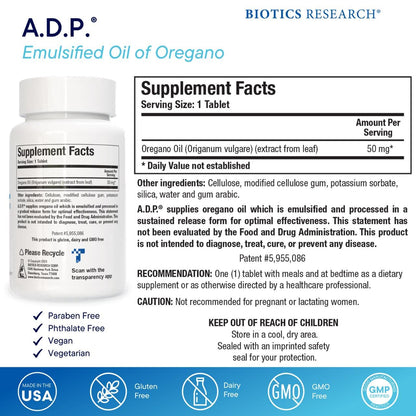 BIOTICS RESEARCH A.D.P. Emulsified Oil of Oregano Tablets for GI Health -Sustained Release for High Absorption Contains Carvacrol, Wild Oregano Oil 50mg/S - Patented Formula -Non GMO –120 Tablets